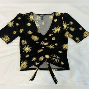 ModCloth Crop Top Celestial Tie Top Black and Yellow Astrology Sun Shirt